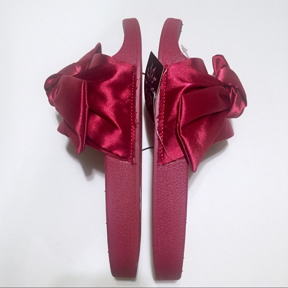 Olivia Miller Burgundy Satin Bow Slide Sandals - Picture 5 of 7